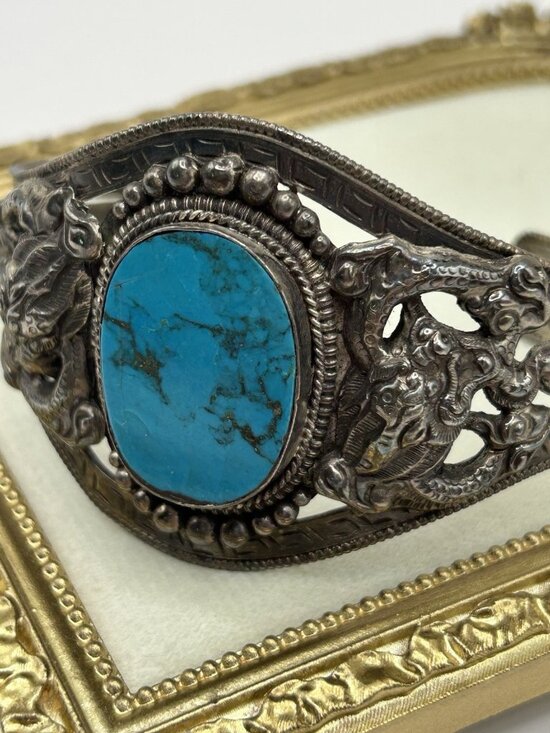 Unbranded Jewelry - VTG Chinese Sterling Silver Dragon Turquoise Cuff Bracelet Western Blue Asian